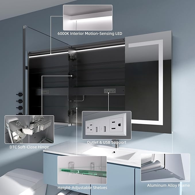 LED Medicine Cabinet Mirror, 48x30 Inch Bathroom Storage, Recessed/Wall Mount, Plug-in/Hardwired, 3 Color Dimmable Light, Anti-Fog, Time Temp Display