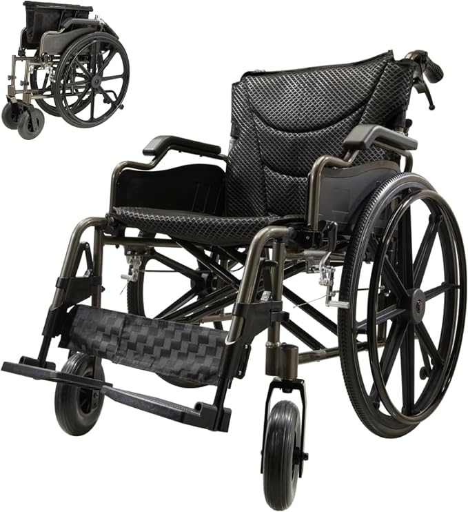 18" Wide Seat Lightweight Aluminum Alloy Transport Wheelchair for Adults with Front/Rear Locking Brakes, 24" Quick-Release Wheels, Foldable Design, 300 lbs Capacity(Dark Gray)