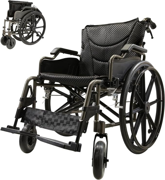 18" Wide Seat Lightweight Aluminum Alloy Transport Wheelchair for Adults with Front/Rear Locking Brakes, 24" Quick-Release Wheels, Foldable Design, 300 lbs Capacity(Dark Gray)