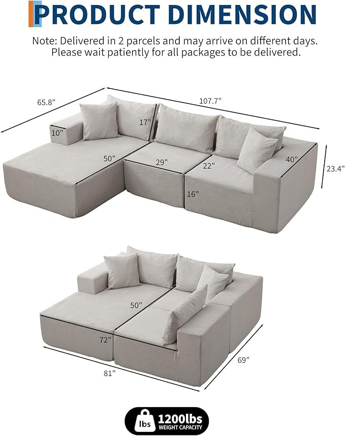 Garvee 108" Modular Sectional Sofa,Cloud Couch Sectional with Left Chaise | Compressed l Shaped Sofa for Living Room | Boneless Couch & Sofa Bed Design,No Assembly Required, Beige