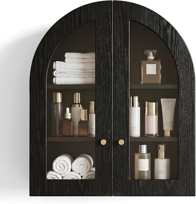 Arched Wall Cabinet, Bathroom Cabinet Wall Mount with Glass Doors & Adjustable Shelf, Floating Medicine Cabinet for Bathroom, Kitchen, Living Room Storage, Black