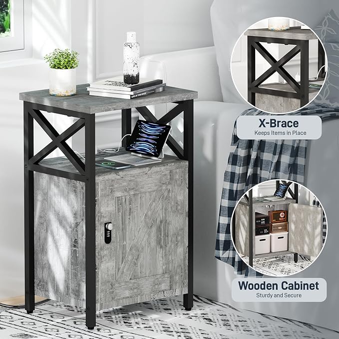 runjuly Wooden Nightstand with Lock, Bed Side Table with Drawers, Bedside Table with Charging Station, 3 USB & 2 Outlets, Night Stand with Cabinet Storage, End Tables for Bedroom, Ash Grey