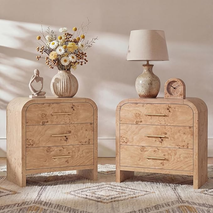 Night Stand Set of 2 [Unique Curved Profile] [FSC-Certified Wooden Board] 3-Drawer Nightstand 24" H Metal Handle Modern Bedside Table