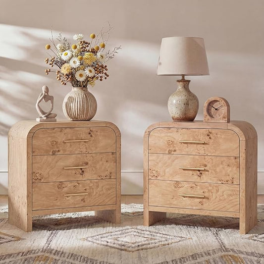 Night Stand Set of 2 [Unique Curved Profile] [FSC-Certified Wooden Board] 3-Drawer Nightstand 24" H Metal Handle Modern Bedside Table