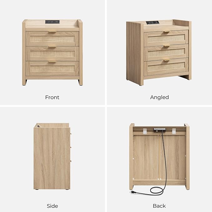 SICOTAS Rattan Nightstand Bedside Table - Larger Night Stand with Type-C Charging Station, 3 Drawers Storage - Boho Night Stands End Table for Bedroom - Light Oak
