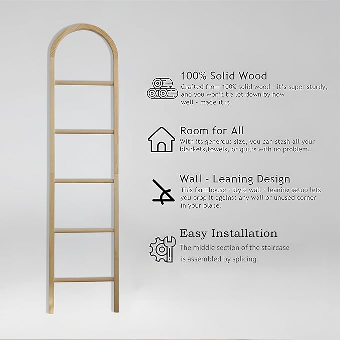 Wooden Blanket Ladder - Natural & Motley Wood - Leaning Wall Decor for Bedroom, Bathroom, Living Room - Rustic Quilt Holder & Towel Rack (Light Wood Color-Curved, 76in（5-Tier）)