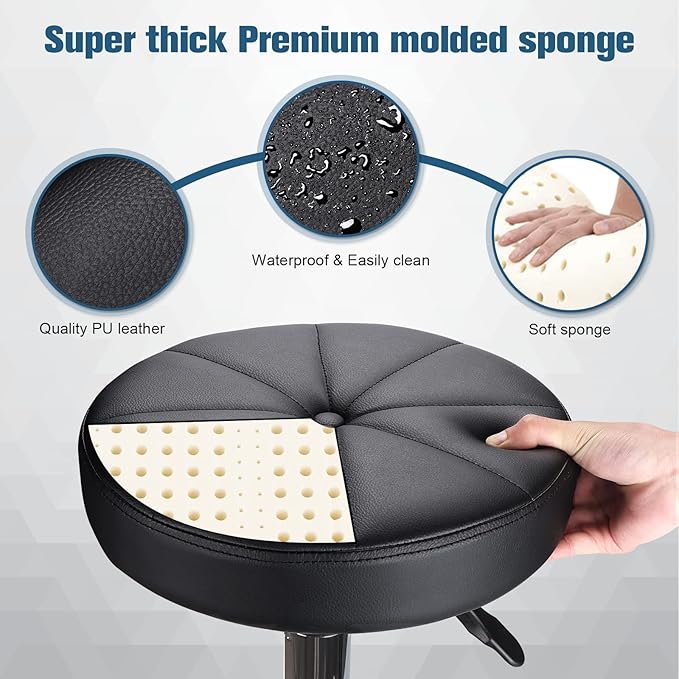 HMTOT Round Rolling Stool with Wheels Height Adjustable Swivel Stool Chair for Spa Salon Massage Black