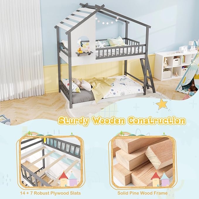 Giantex Bunk Bed Twin Over Twin, Solid Wood Floor Bunk Bed with Ladder & Full-Length Guardrails, House Shaped Bunk Beds for Kids, Girls, Boys, Dormitory and Bedroom, No Box Spring Needed