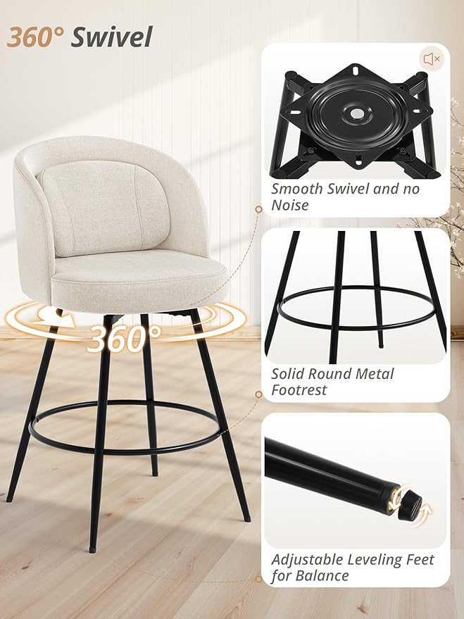 LUE BONA 26''H Swivel Bar Stools Set of 2, Counter Height Bar Stools with Backs, Lumbar Pillow and Black Metal Frames, Upholstered Modern Barstools for Kitchen Island, Linen Farbic, Linen Color