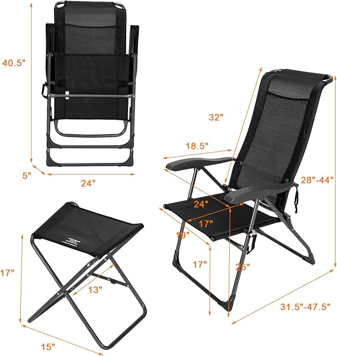 Giantex 4 Pcs Folding Patio Chairs with Footrest, Adjustable Back, 2 Pack Outdoor Portable Sling Patio Dining Chairs for Camping Lawn Bistro Porch Garden Yard Pool, Black