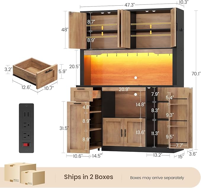 Itaar 71" Pantry Cabinet with Charging Station and LED Light, Kitchen Pantry Cabinet with Microwave Stand, 47.2" Wide Kitchen Storage Cabinets with Storage Cart 3 Tier for Dining Room,Brown