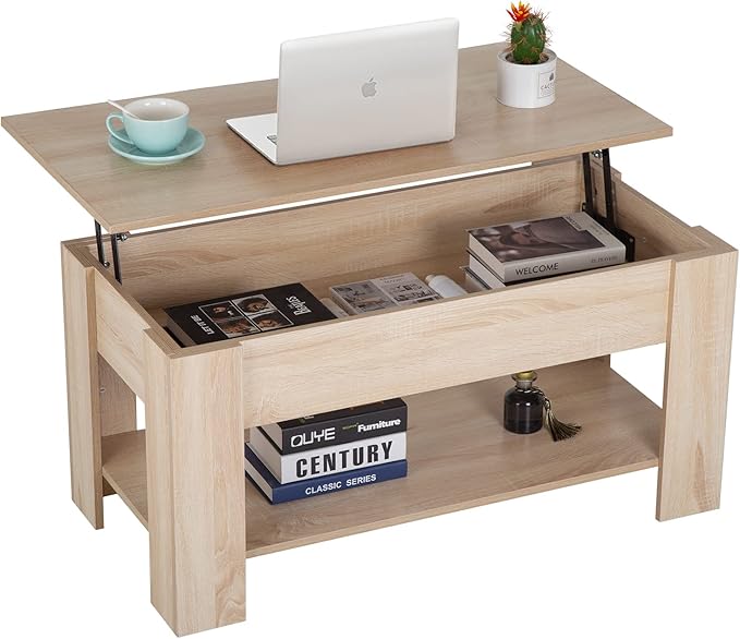 Lift Top Coffee Table with Lift Tabletop Hidden Compartment and Storage Shelf Wooden Living Room Table for Home Reception Room Office,Grey