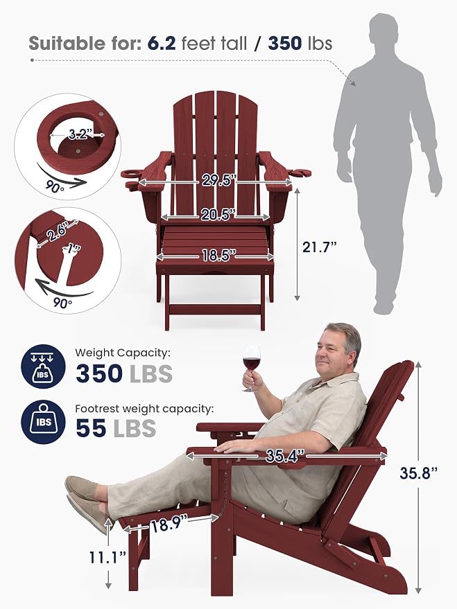 KINGYES Folding Adjustable Adirondack Chair with Ottoman & 2 Cup Holders, HDPE Reclining Adirondack Chair with Footrest, Red
