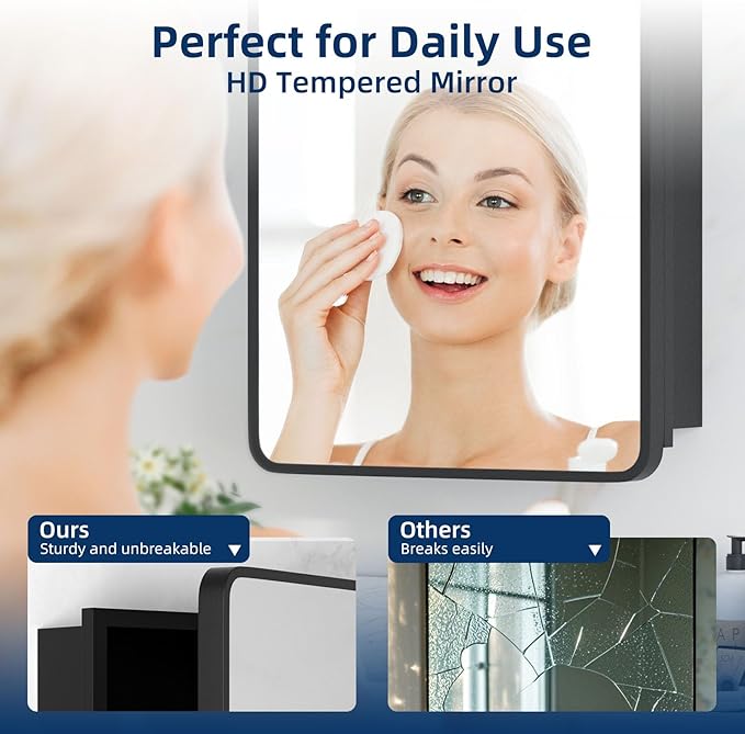 Bathroom Medicine Cabinet with Mirror 16 x 24 Inch, Black Medicine Cabinet Recessed or Surface Wall-Mounted, Mirrored Cabinets with 2 Adjustable Shelves for Bathroom Vanity