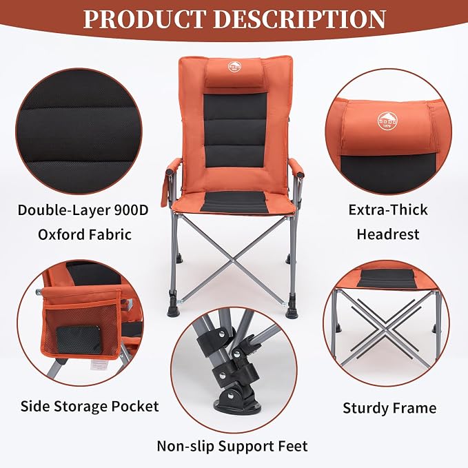 Folding Reclining Camping Chair with Footrest, 5-Position Adjustable Lounge Chair with Headrest & Cushion, Portable Heavy Duty Camping Chair for Outdoor, Beach, Patio, Office (Orange)