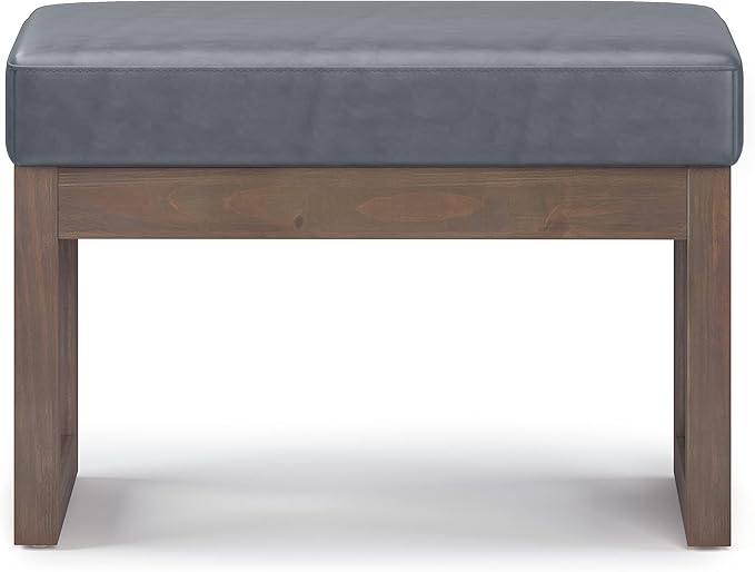 SIMPLIHOME Milltown Small Ottoman Bench - 27" Wide x 18" High Upholstered Vegan Leather Rectangle Footstool Ottoman in Stone Grey, Contemporary Bench for Entryway with Cushioned Seat, Assembled