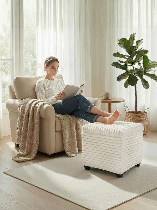 ABHENG 17.7 inches Faux Fur Ottomans Cube with Legs, Metal Framed Vanity Stool Chair Storage Ottoman Foot Rest Stool, Holds 770 LB for Dorm Living Room Bedroom White UASND644W