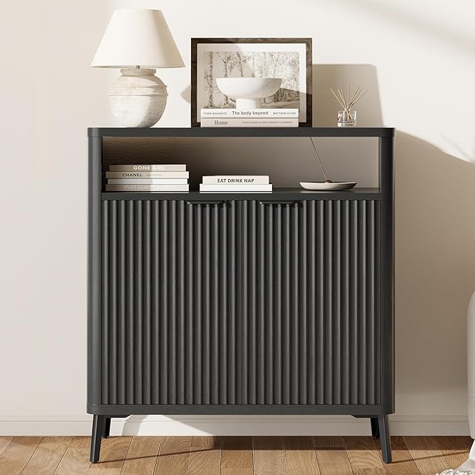 Fatmok Fluted Buffet Cabinet with Storage, 31.4" Wide Wood Sideboard Credenza with 2 Doors & Open Storage Shelf, Modern Coffee Bar Table for Living Room Kitchen Dining Room,Black Grey