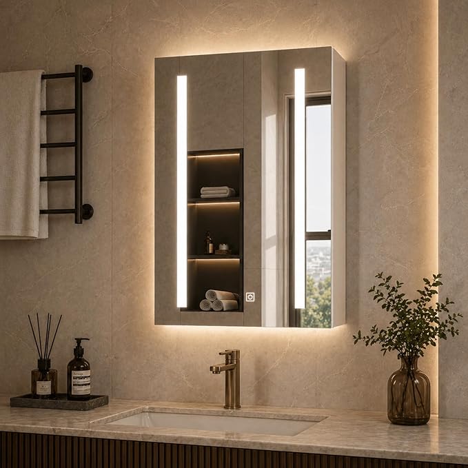 VINGLI 16Inch Medicine Cabinet with Lights, Lighted Medicine Cabinet with Mirror, Led Wall Mirror with Storage for Bathroom,Wall Mounted,3-Color Memory Mode Light，White,5.9" D x 15.75" W x 23.6" H