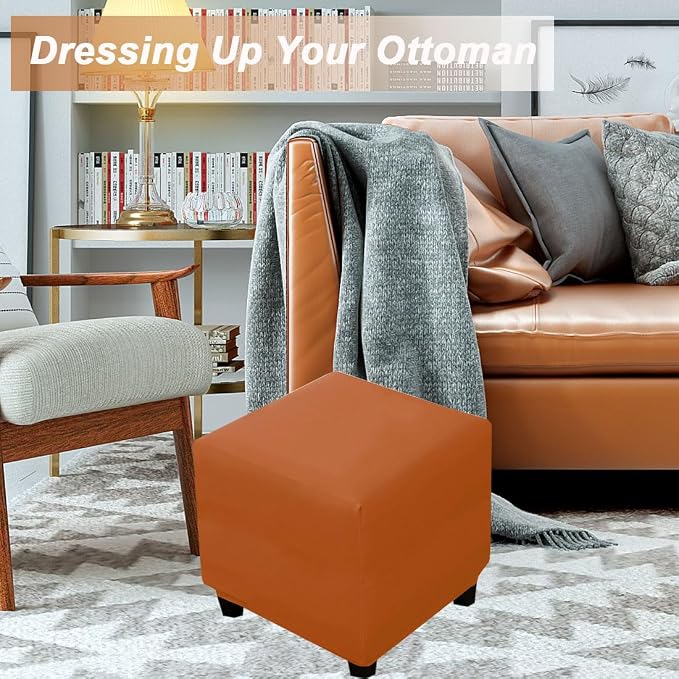Waterproof Ottoman Cover Square Stretch PU Soft Folding Storage Ottoman Cover with Elastic Bottom Cube Footrest Foot Stool Slipcovers Machine Washable(Medium/Orange)