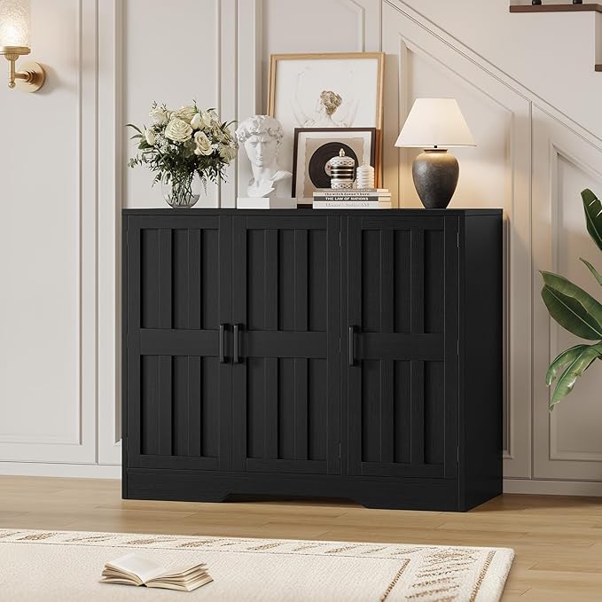 Modern Farmhouse Buffet Cabinet with Storage, 42" Large Sideboard Storage Cabinet with 3 Barn Doors, Coffee Liquor Bar Cabinet Wood Table Credenza with Adjustable Shelf for Kitchen Dining Living Room