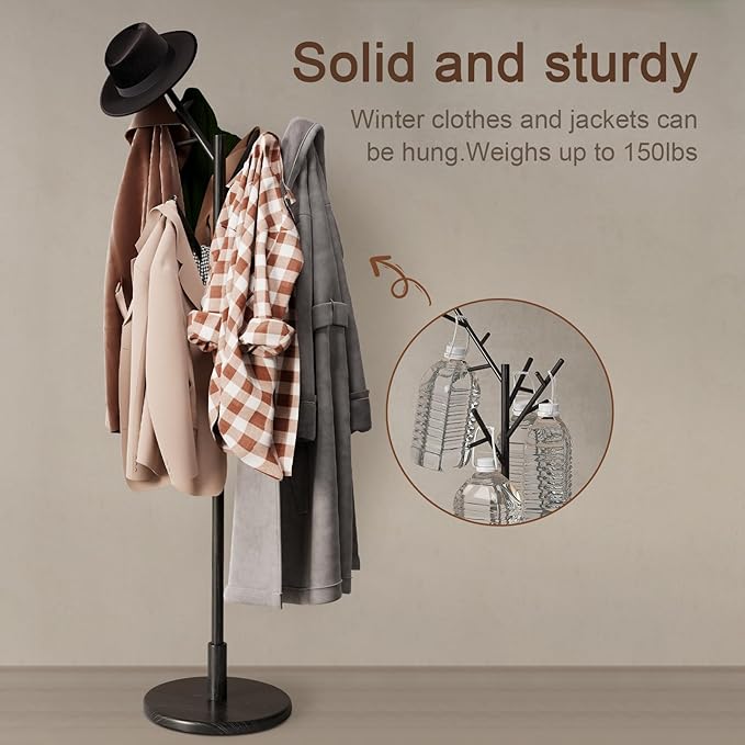 Muwuele Coat Rack, Solid Wood Coat Rack Freestanding with 12 Hooks, Coat tree freestanding 3 Adjustable Heights for coat, Hats, Handbags， Coat Stand for Entryway, Bedroom (Black)