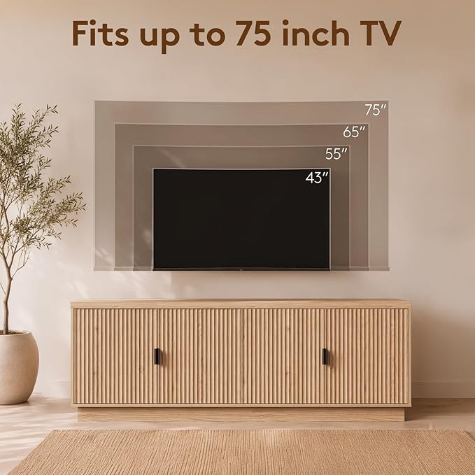 Fatmok Fluted TV Stand for up to 75" TVs, 68" Entertainment Center with 4 Doors, Modern Media Console with Adjustable Shelves & Storage Cabinets, Natural Oak