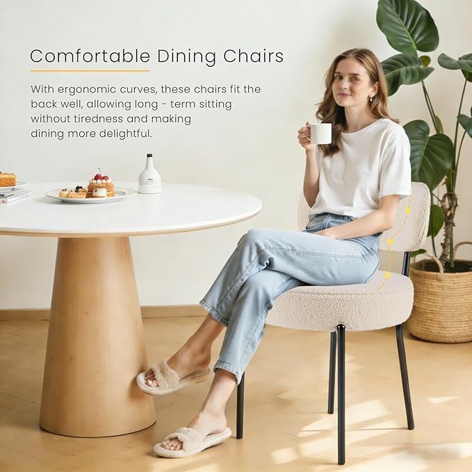 DUMOS Dining Chairs Set of 6, Mid Century Modern Chair Round Upholstered Curved Backrest, Kitchen Vanity Living Room Chairs with Black Metal Legs，Classic Beige