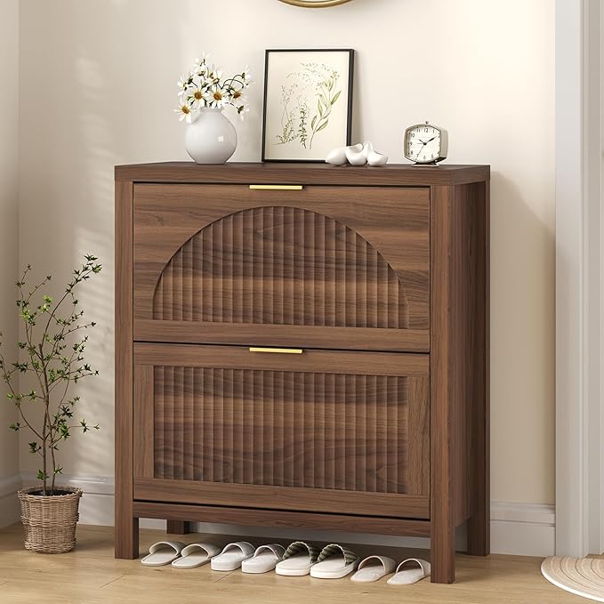 YOMILUVE Shoe Storage Cabinet for Entryway, Fluted Shoe Cabinet with 2 Flip Drawers, Hidden Shoe Rack Slim Freestanding Shoe Organizer with Legs for Hallway, Walnut