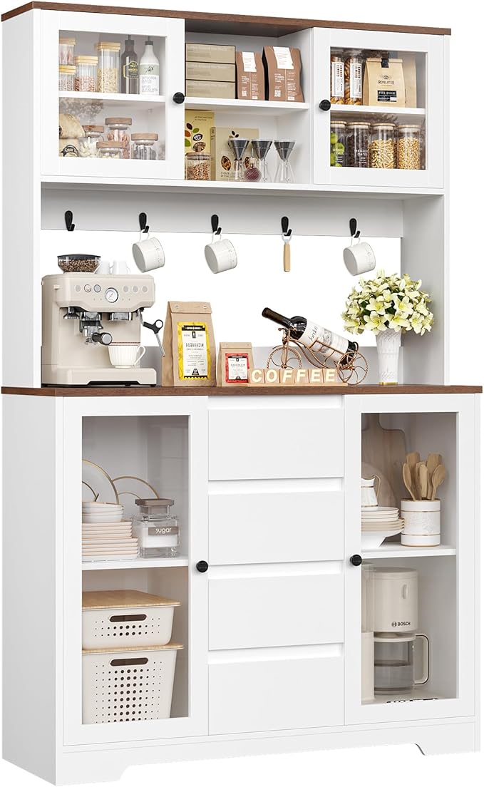 HIFIT 71" Tall Coffee Bar Cabinet with Storage and Large Countertop, Kitchen Hutch with 4 Drawers & 5 Metal Hooks & 4 Doors & Microwave Stand, White Kitchen Pantry Cabinet for Dining Room
