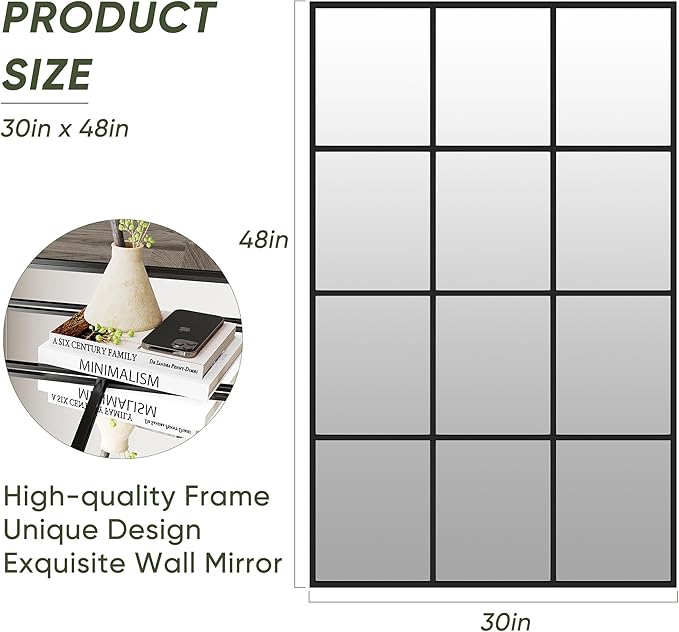 Suidia Wall Mirror, 30" x 48" Window Decorative Mirrors, Metal Framed Wall Decor Wall-Mounted Mirrors for Bedroom, Living Room, Entryway, Black