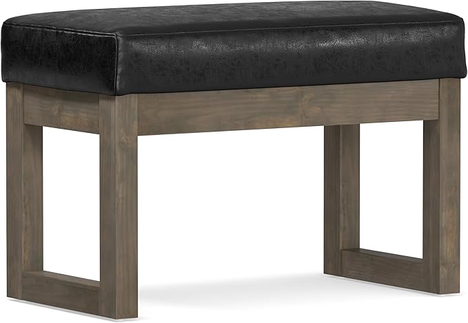 SIMPLIHOME Milltown Small Ottoman Bench - 27" Wide x 18" High Upholstered Vegan Leather Rectangle Footstool Ottoman in Distressed Black, Contemporary Bench for Bedroom with Cushioned Seat, Assembled