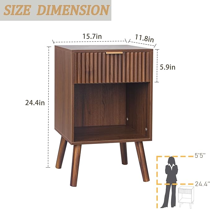 Fultyle Walnut Nightstand, Modern Night Stand with Fluted Drawer and Opening Storage, Wooden Bedside Table with Solid Wood Legs for Bedroom, Living Room, Office (Walnut Brown)