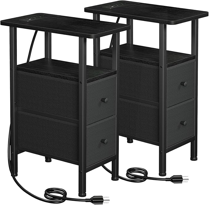 LOAKEKEL Narrow Nightstand with Charging Station, End Tables Living Room Set of 2, Skinny Side Table with Fabric Drawers, Slim Sofa Table for Bedroom, Small Spaces, Couch, Black, HETNDP02BK