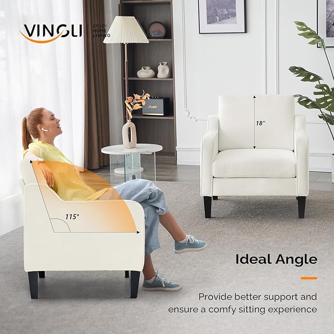 VINGLI Accent Chairs Set of 2 White Chenille Living Room Chairs Reading Chair for Bedroom Scooped Arm Chair Mid Century Modern Accent Chair Upholstered Comfy Chair for Apartment, Waiting Room