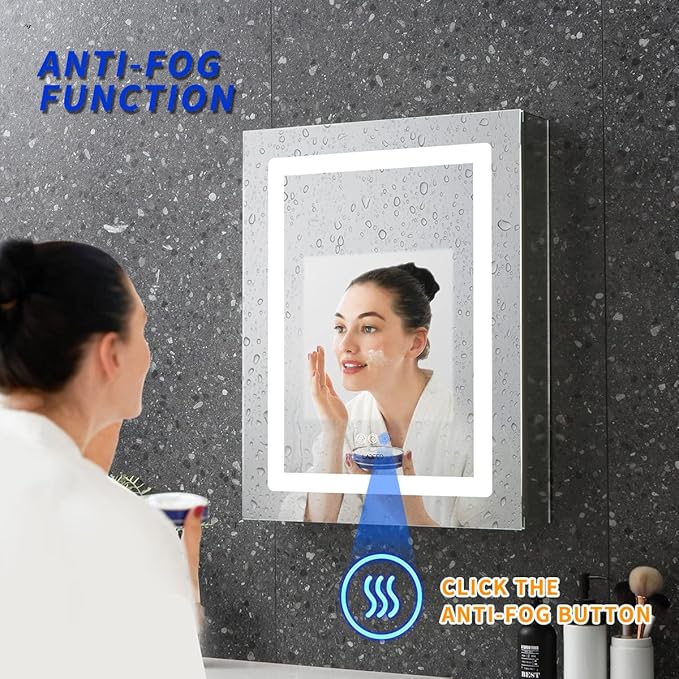 26 x 20 Inch Led Medicine Cabinet Outlet, Lighted Medicine Cabinets for Bathroom with Mirror, Recessed or Surface Wall Mounted, Defogger, Dimmer, Glass Door Cabinet with Single Door