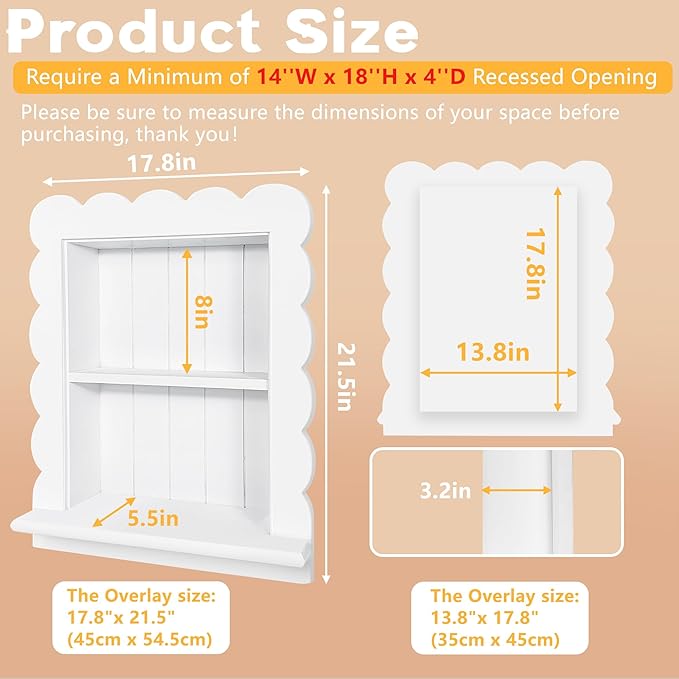 Royxen 14"x18" Recessed Medicine Cabinet, 2-Tier Wooden Bathroom Wall Cabinets Without Mirror,Scalloped Large Medicine Cabinet Niche for Bathroom Storage Organizer,White