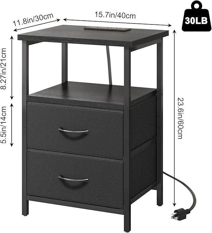 Fixwal Black Night Stand with Charger Station, Nightstand with Charging Station & Fabric Drawers