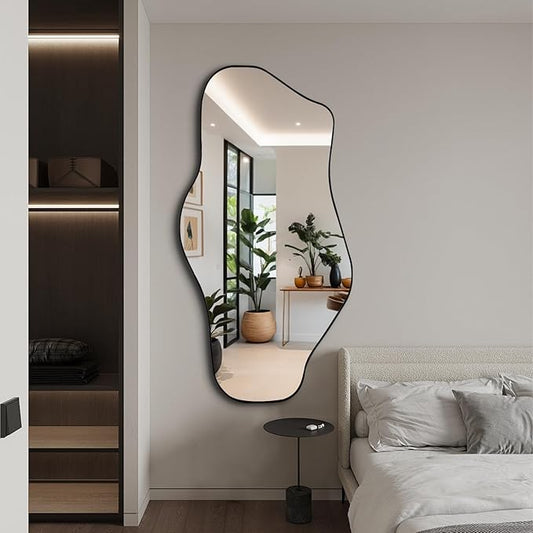 Irregular Wall Mirror, 47"x25" Asymmetrical Aesthetic Mirror with Metal Frame, Modern Organic Mirrors for Living Room Bathroom Bedroom Hallway Entryway, Horizontal or Vertical Hanging