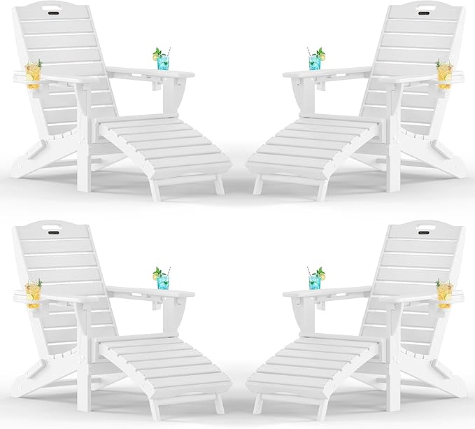 Adjustable Adirondack Chairs Set of 4 with Retractable Ottoman, HDPE Folding Adirondack Chair with Cup Holders, Weather Resistant for Backyard, Poolside & Fire Pit (White)