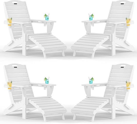 Adjustable Adirondack Chairs Set of 4 with Retractable Ottoman, HDPE Folding Adirondack Chair with Cup Holders, Weather Resistant for Backyard, Poolside & Fire Pit (White)