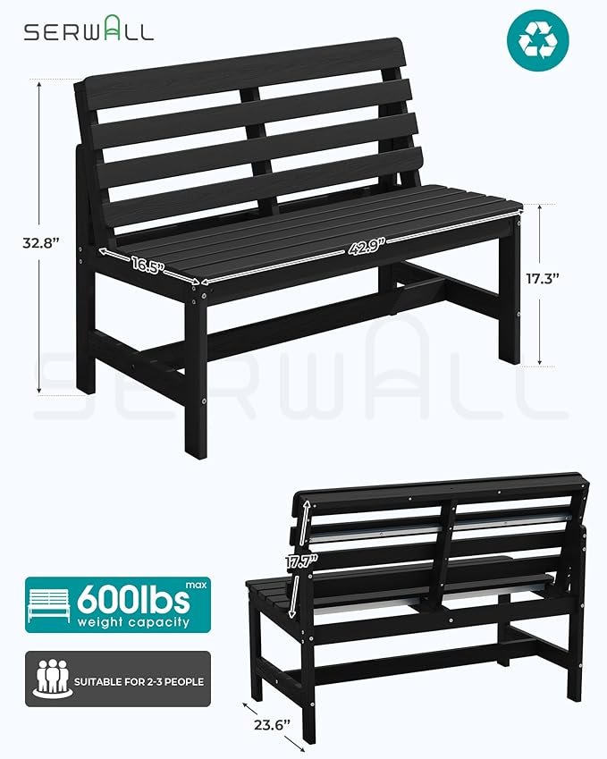 SERWALL Outdoor Bench, All Weather HDPE Outdoor Benches, 2-Person Armless Porch Bench with 600 lbs Weight Capacity, Patio Benches for Outdoors, Porch, Park and Dining, Black