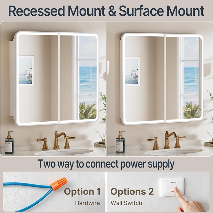 32x30 Inch Medicine Cabinet with Mirror, Recessed or Surface Mount Bathroom Medicine Cabinet with LED Lights, Anti-Fog, Memory Function, Adjustable Shelf, Dimmable Light, ETL Listed, White