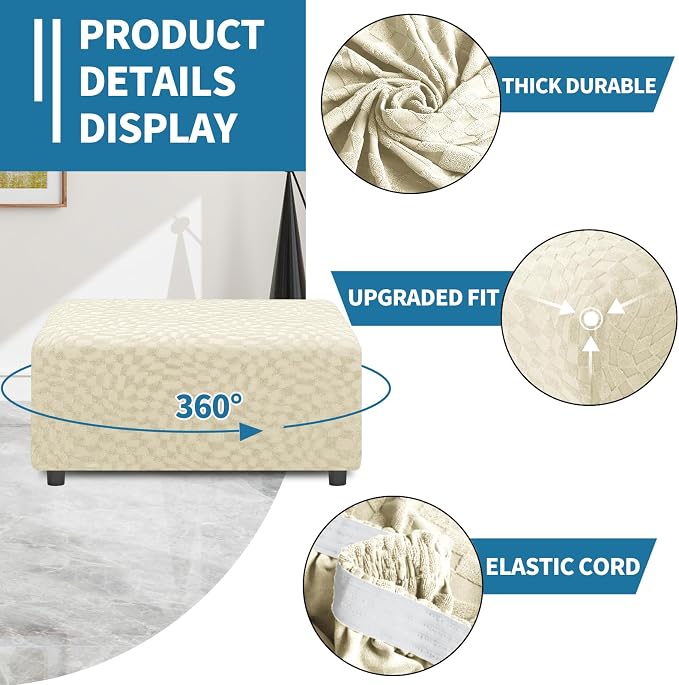 ZNSAYOTX 2026 Rectangle Ottoman Cover (L:18"-27") Super Stretch Soft Footrest Slipcover Form Fit, Universal Folding Foot Stool Covers with Non-Slip Elastic Band, Fashion Jacquard Texture, Beige
