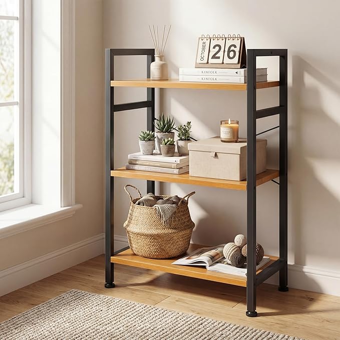DUMOS 3 Tiers Open Bookshelf, Classic Freestanding Tall Display Shelf, Multifunctional Storage Organizer Rack for Living Room Home Office, Sturdy Bookcase for CDs/Books/Movies, Wood