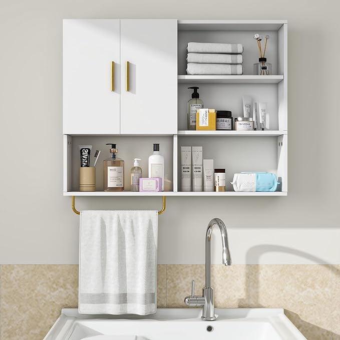 Bathroom Wall Cabinet Wood Large Wall Mounted Medicine Cabinet with 2 Doors and 4 Open Shelves Over Toilet Storage Cabinet Organizer with Towel Bar,White