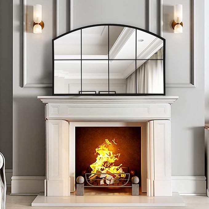 WAMIRRO Wide Window Pane Black Mirror,Farmhouse Arched Wall Mirrors,Grid Mirrors for Fireplace/Entryway/Hallway/Living Room,28“X42” (Black Wide Mirror)