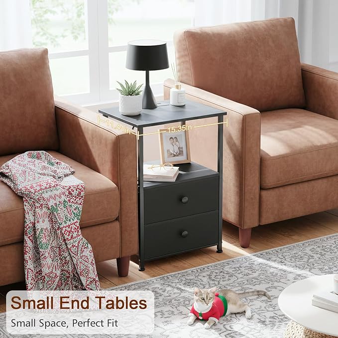 LOAKEKEL Night Stand Set 2, Black Nightstand with Charging Station, End Tables with Storage Shelf for Small Spaces, Bedside Table Side Tables with 2 Fabric Drawers for Bedroom, HETS020BK