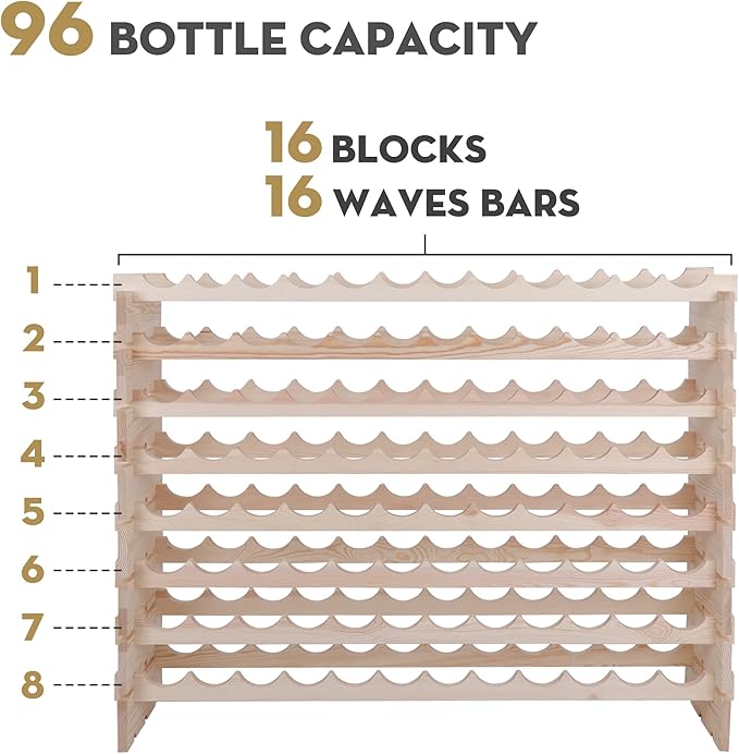 96 Bottles Stackable Modular Wine Rack, 8-Tier Wooden Wine Storage Rack Freestanding Wine Holder Display Shelves, Wobble-Free Shelves, Solid Wood