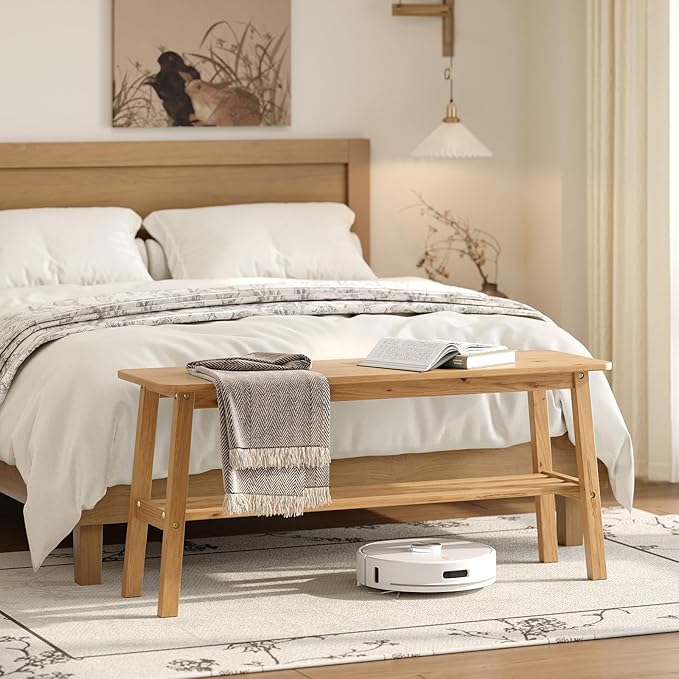 VINGLI Solid Wood Dining Bench 39" Wooden Bench for Entryway, Bedroom, Kitchen & Living Room, with Shoe Rack Storage, Light Brown